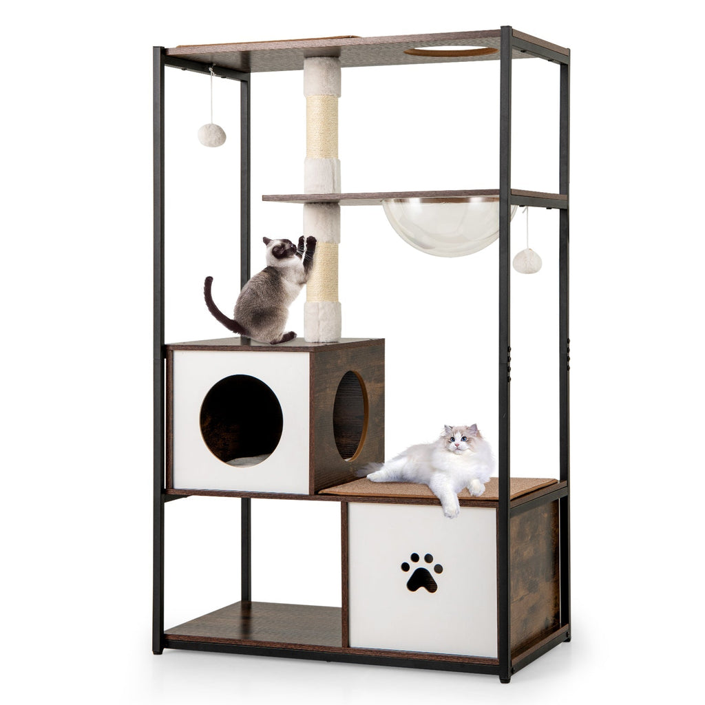 52 Inch Tall Wooden Cat Tree Metal Frame with 2 Condos and Cushions-Coffee