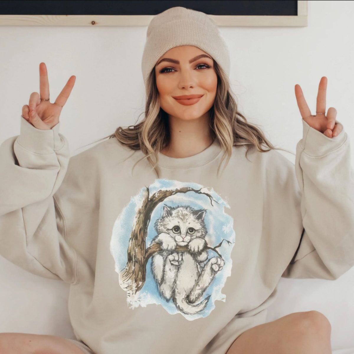 Cute Sad Cat in Winter Tree Crewneck, Whimsical Retro Feline Pullover