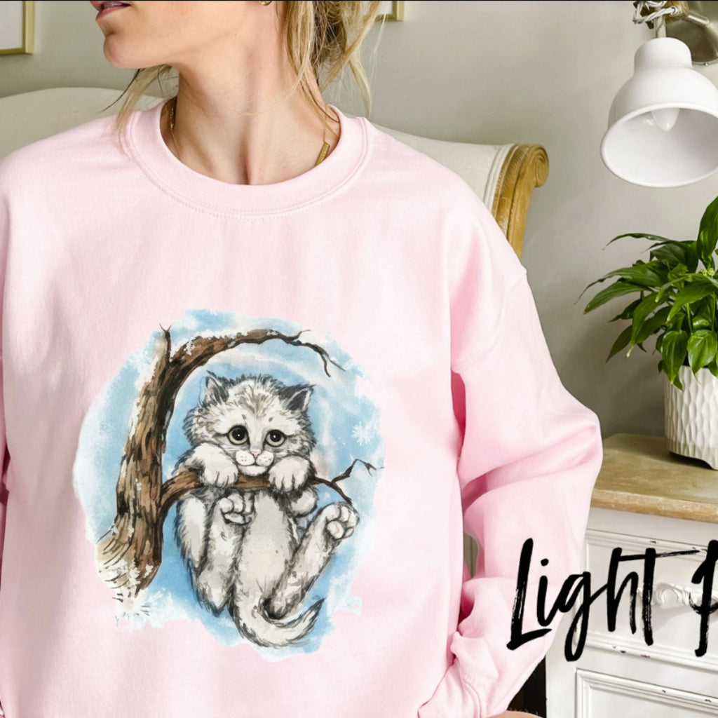 Cute Sad Cat in Winter Tree Crewneck, Whimsical Retro Feline Pullover