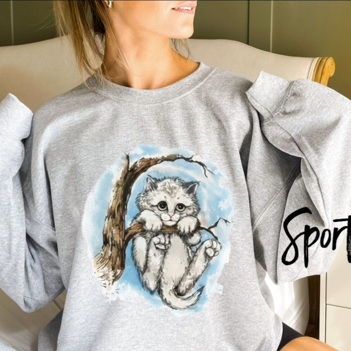 Cute Sad Cat in Winter Tree Crewneck, Whimsical Retro Feline Pullover