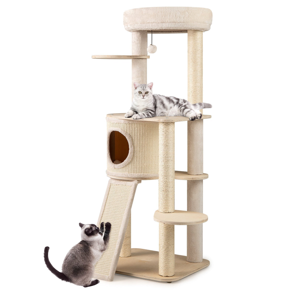 56 Inch Tall Cat Tree with 2 Sisal Scratching Posts and Ladder-NA