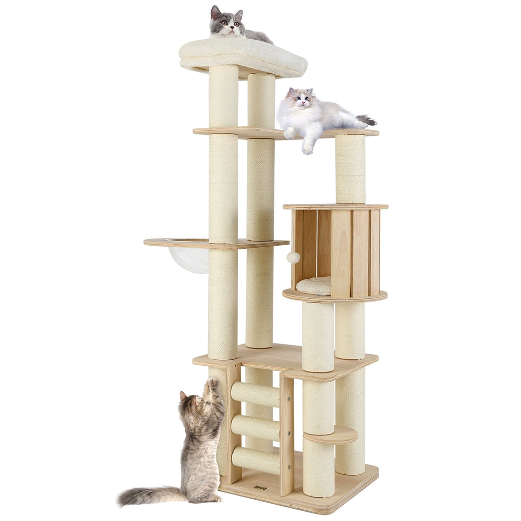 71 Inch Tall Cat Tree Wooden Cat Tower with Cozy Perch Condo Space Capsule-Natural