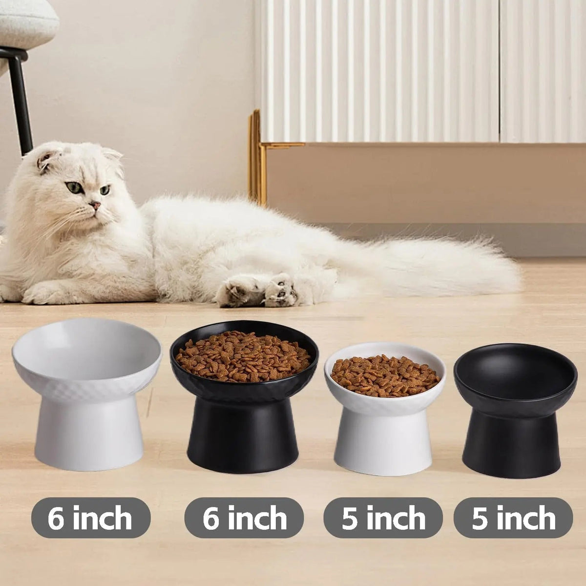 Ceramic Raised Tilted Cat Bowls Set of 2, Elevated Porcelain Feeder