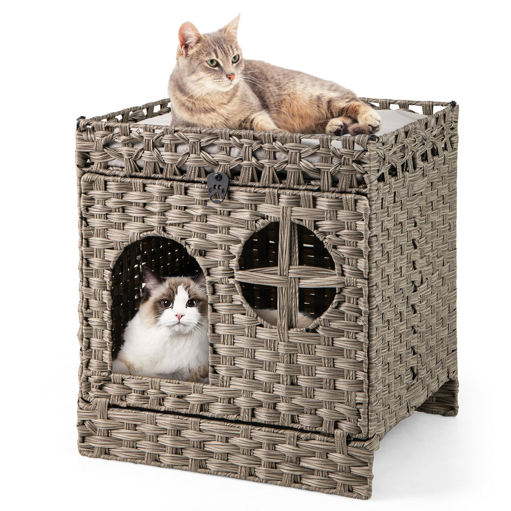 Foldable 2-tier Rattan Cat Litter Box Enclosure with Litter Mat-Grey