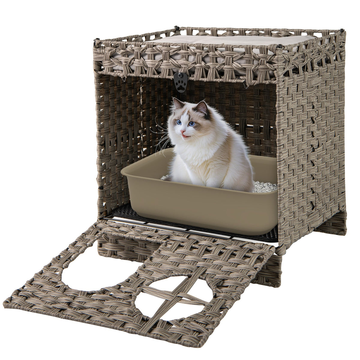 Foldable 2-tier Rattan Cat Litter Box Enclosure with Litter Mat-Grey