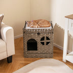 Foldable 2-tier Rattan Cat Litter Box Enclosure with Litter Mat-Grey