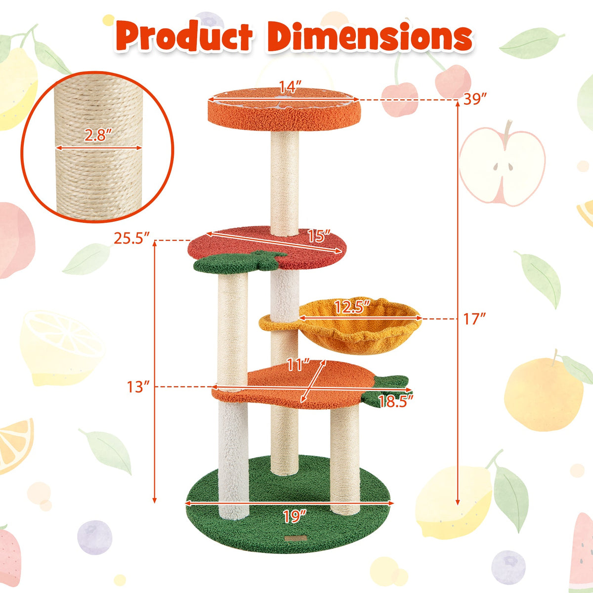 Multi-level Cat Tree Pet Activity Center with Fruit-shaped Platforms-Red and Orange