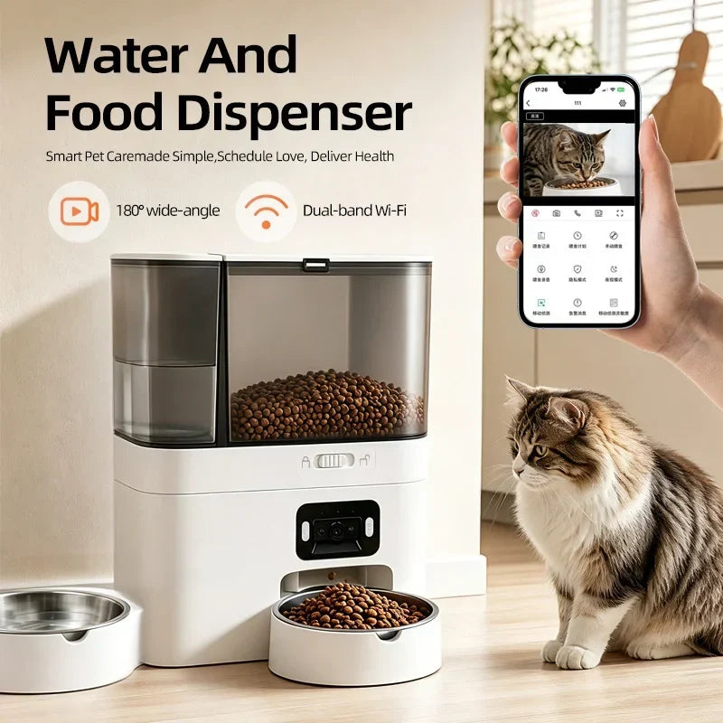 Pet Food and Water Dispenser 5L+3L Tuya APP Camera Automatic Cat Feeder Smart Pet Feeder for Cats Dogs Stainless Steel Bowl