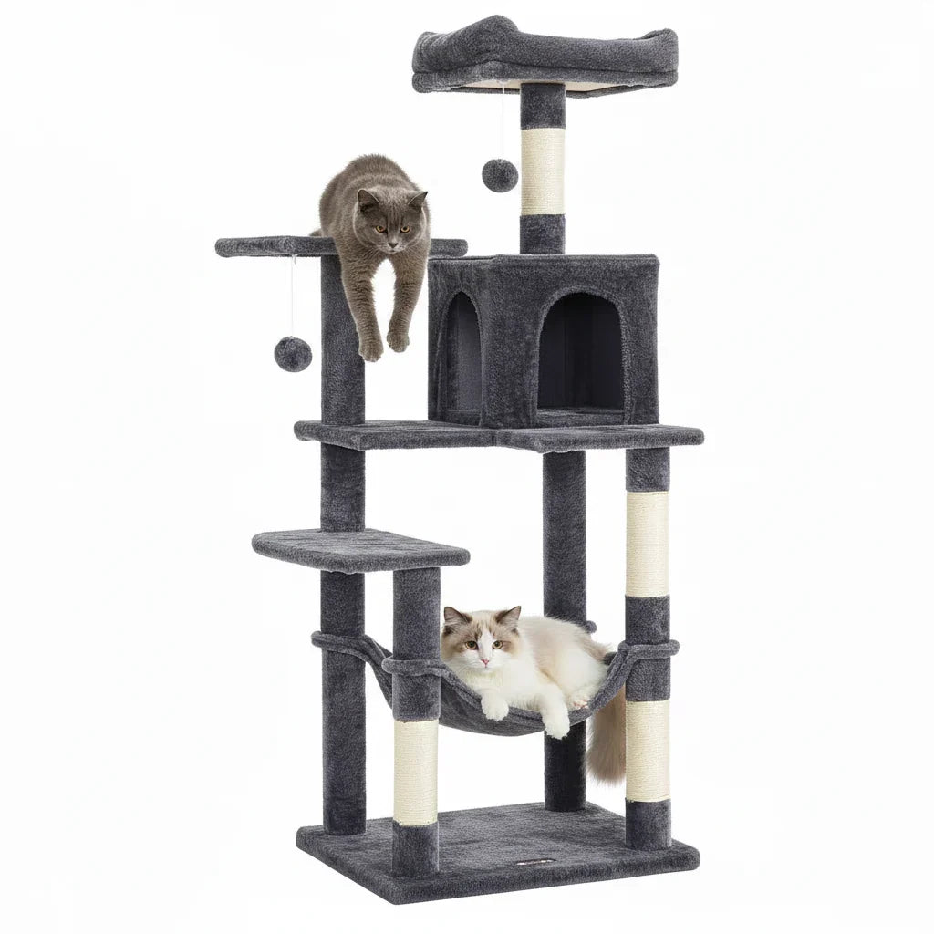 56.3" Multi-Cat Tree Tower Hammock, Condo & Scratching Posts for Indoor Cats