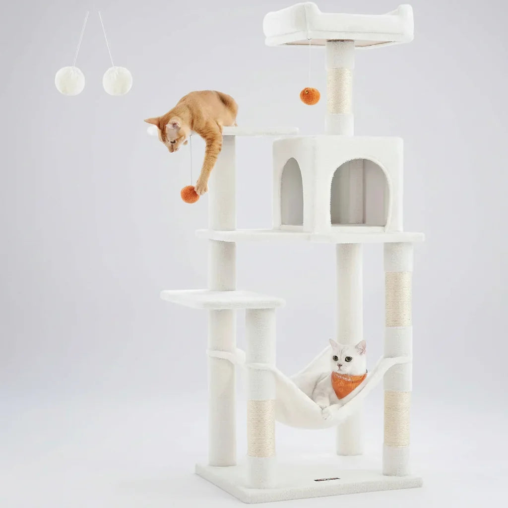 56.3" Multi-Cat Tree Tower Hammock, Condo & Scratching Posts for Indoor Cats