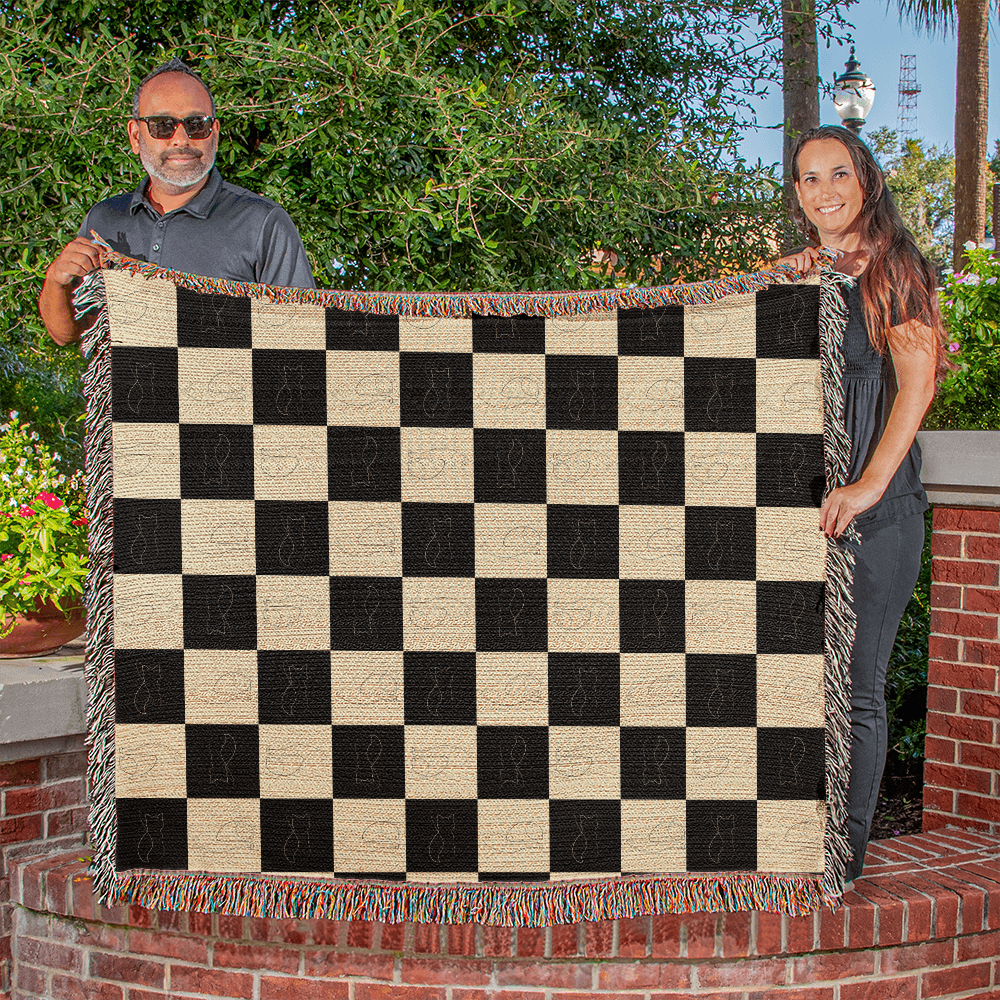 Checked Feline Woven Blanket – Gold & Black Cat Outline Throw