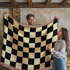 Checked Feline Woven Blanket – Gold & Black Cat Outline Throw