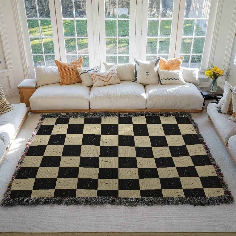 Checked Feline Woven Blanket – Gold & Black Cat Outline Throw