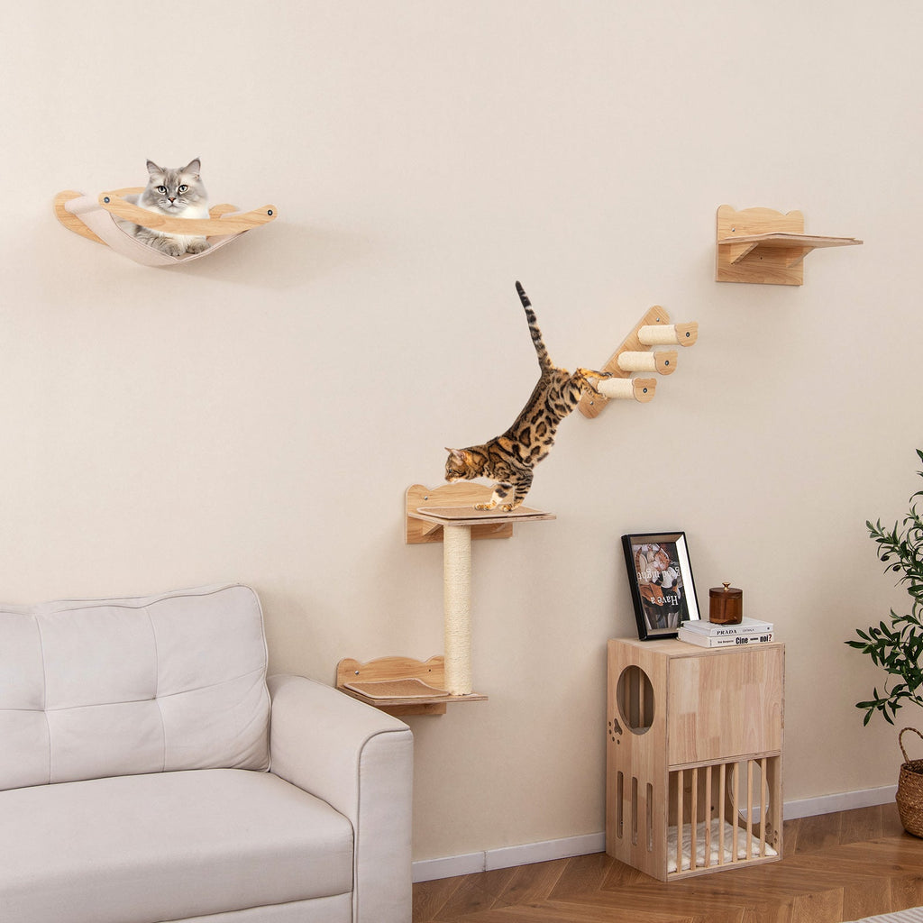 Cat Wall Furniture Set of 4 with Hammock 2-step Cat Tree and Perch-Natural