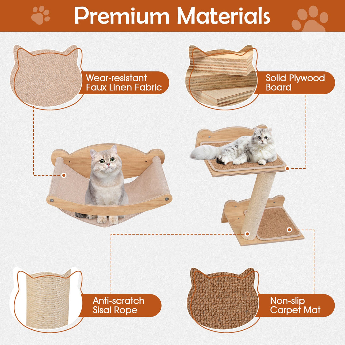 Cat Wall Furniture Set of 4 with Hammock 2-step Cat Tree and Perch-Natural