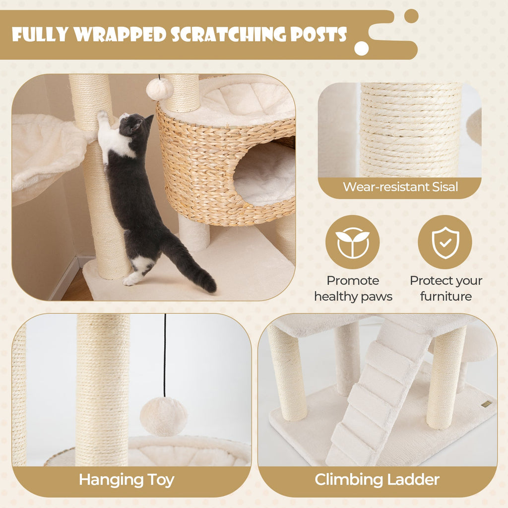 Modern Cat Tree for Indoor Cats with Cattail Fluff Condo and Top Perch-Natural
